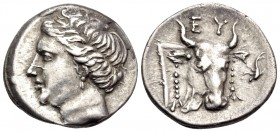 EUBOIA, Euboian League. Circa 304-290 BC. Drachm (Silver, 17 mm, 3.75 g, 12 h). Head of the nymph Euboia to left, wearing pendant earring and with her...