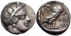 ATTICA. Athens. Circa 449-404 BC. Tetradrachm (Silver, 24 mm, 16.89 g, 5 h). Head of Athena to right, wearing crested Attic helmet with palmette and t...