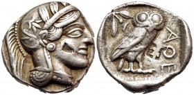 ATTICA. Athens. Circa 449-404 BC. Tetradrachm (Silver, 25 mm, 17.11 g, 12 h). Head of Athena to right, wearing crested Attic helmet with palmette and ...