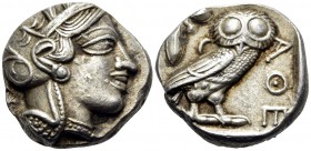ATTICA. Athens. Circa 449-404 BC. Tetradrachm (Silver, 22.5 mm, 17.21 g, 8 h). Head of Athena to right, wearing crested Attic helmet with palmette and...