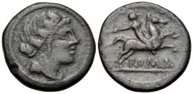 Anonymous, Circa 217-215 BC. Semuncia (Bronze, 20 mm, 5.51 g, 2 h), Rome. Draped bust of Cybele (?) to right, wearing mural crown. Rev. ROMA Rider, ho...