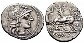 Sex. Pompeius Fostlus, 137 BC. Denarius (Silver, 21.5 mm, 3.78 g, 3 h), Rome. Helmeted head of Roma to right; behind, jug; below chin, X. Rev. SEX P[O...