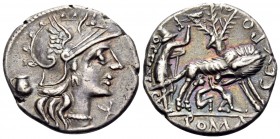 Sex. Pompeius Fostlus, 137 BC. Denarius (Silver, 20 mm, 3.86 g, 1 h), Rome. Helmeted head of Roma to right; behind, jug; below chin, X. Rev. SEX PO FO...