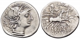 Publius Calpurnius, 133 BC. Denarius (Silver, 21 mm, 3.76 g, 5 h), Rome. Helmeted head of Roma to right; behind, denomination mark. Rev. P · CALP / RO...
