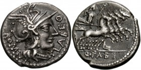 Q. Fabius Labeo, 124 BC. Denarius (Silver, 18 mm, 3.89 g, 10 h), Rome. LABEO ROMA Helmeted head of Roma to right; below low chin denomination mark. Re...