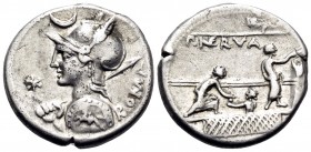 P. Nerva, 113-112 BC. Denarius (Silver, 17.5 mm, 3.90 g, 9 h), Rome. ROMA Helmeted bust of Roma to left, holding spear over far shoulder and shield de...