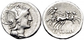 C. Claudius Pulcher, 110-109 BC. Denarius (Silver, 18 mm, 3.89 g, 1 h), Rome. Helmeted head of Roma to right. Rev. C · PVLCHER Victory driving gallopi...