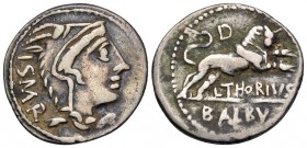 L. Thorius Balbus, 105 BC. Denarius (Silver, 20 mm, 3.86 g, 2 h), Rome. I · S · M · R Head of Juno Sospita to right, wearing goat's skin headdress. Re...