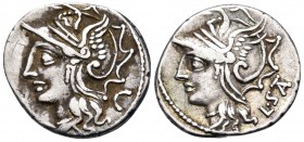 Lucius Appuleius Saturninus, 104 BC. Denarius (Silver, 19 mm, 3.95 g, 6 h), Rome. Rome mint. Helmeted head of Roma to left; behind, C. Rev. L · S(AT) ...