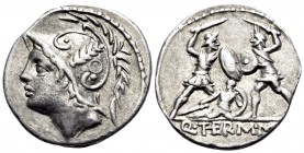 Q. Thermus M.f, 103 BC. Denarius (Silver, 19 mm, 3.88 g, 10 h), Rome. Head of Mars to left, wearing crested helmet ornamented with plume and annulet. ...