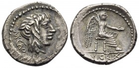 M. Porcius Cato, 89 BC. Quinarius (Silver, 14 mm, 2.16 g, 8 h), Rome. M C(AT)O Head of Liber to right, wearing ivy-wreath; D below. Rev. Victory seate...