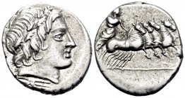 Gargilius, Ogulnius, and Vergilius, 86 BC. Denarius (Silver, 19 mm, 4.10 g, 1 h), Rome. Laureate head of Apollo right; below, thunderbolt. Rev. Jupite...