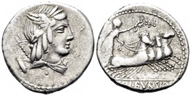 L. Julius Bursio, 85 BC. Denarius (Silver, 19 mm, 3.85 g, 6 h), Rome. Male head to right, with the attributes of Apollo, Mercury and Neptune, trident ...