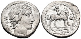 Mn. Fonteius C.f, 85 BC. Denarius (Silver, 18.5 mm, 3.78 g, 5 h), Rome. (MN) FO(NT)EI C F laureate head of Vejovis right; below, thunderbolt. Rev. The...