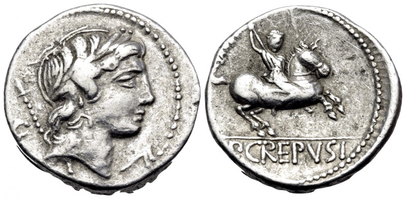 P. Crepusius, 82 BC. Denarius (Silver, 17 mm, 3.93 g, 4 h), Rome. Laureate head ...