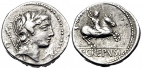 P. Crepusius, 82 BC. Denarius (Silver, 17 mm, 3.93 g, 4 h), Rome. Laureate head of Apollo to right, with scepter on his far shoulder; behind, C; below...