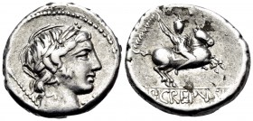 P. Crepusius, 82 BC. Denarius (Silver, 16.5 mm, 4.02 g, 1 h), Rome. Laureate head of Apollo to right, with scepter on his far shoulder; below chin, Z(...