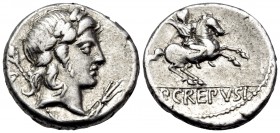 P. Crepusius, 82 BC. Denarius (Silver, 16 mm, 3.78 g, 4 h), Rome. Laureate head of Apollo to right, with scepter on his far shoulder; behind, uncertai...