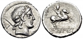 P. Crepusius, 82 BC. Denarius (Silver, 17 mm, 3.78 g, 5 h), Rome. Laureate head of Apollo to right, with scepter on his far shoulder; behind, I; below...