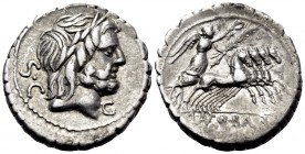 Q. Antonius Balbus, 83-82 BC. Denarius Serratus (Silver, 20 mm, 3.93 g, 11 h). Laureate head of Jupiter to right; behind, S · C; below chin, C. Rev. Q...