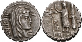 A. Postumius A.f. Sp.n. Albinus, 81 BC. Denarius Serratus (Silver, 18 mm, 3.85 g, 12 h), Rome. HISPAN Veiled head of Hispania to right. Rev. A · POST ...