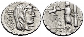 A. Postumius A.f. Sp.n. Albinus, 81 BC. Denarius Serratus (Silver, 20 mm, 4.02 g, 6 h), Rome. HISPAN Veiled head of Hispania to right. Rev. A POST · A...