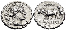 C. Marius C.f. Capito, 81 BC. Denarius Serratus (Silver, 20 mm, 3.96 g, 12 h), Rome. CAPIT · XXXXIII Draped bust of Ceres to right, wearing grain wrea...
