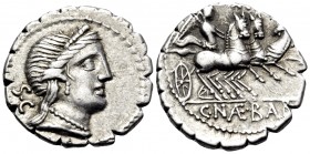 C. Naevius Balbus, 79 BC. Denarius Serratus (Silver, 18 mm, 3.84 g, 4 h), Rome. Diademed head of Venus to right, wearing earring and pearl necklace; b...
