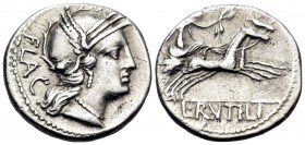 L. Rutilius Flaccus, 77 BC. Denarius (Silver, 18 mm, 3.97 g, 6 h), Rome. FLAC Helmeted head of Roma to right. Rev. L · RVTILI Victory driving biga to ...