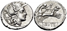 L. Rutilius Flaccus, 77 BC. Denarius (Silver, 19 mm, 4.17 g, 1 h), Rome. FLAC Helmeted head of Roma to right. Rev. L · RVTILI Victory driving biga to ...