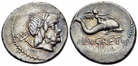 L. Lucretius Trio, 74 BC. Denarius (Silver, 18.5 mm, 3.89 g, 6 h), Rome. Laureate head of Neptune to right; trident over his far shoulder. Rev. L LVCR...