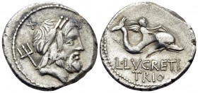 L. Lucretius Trio, 74 BC. Denarius (Silver, 18.5 mm, 3.67 g, 6 h), Rome. Laureate head of Neptune to right; trident over his far shoulder. Rev. L LVCR...