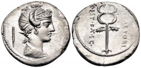 M. Plaetorius M.f. Cestianus, 69 BC. Denarius (Silver, 18 mm, 3.77 g, 5 h), Rome. Draped female bust (Ceres?) to right, hair tied with veil and decora...