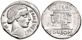 L. Scribonius Libo, 62 BC. Denarius (Silver, 19 mm, 3.82 g, 7 h), Rome. BON EVENT / LIBO Diademed head of Bonus Eventus to right. Rev. PVTEAL / SCRIBO...