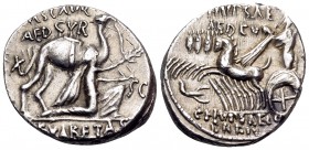 M. Aemilius Scaurus and Pub. Plautius Hypsaeus, 58 BC. Denarius (Silver, 17.5 mm, 3.88 g, 6 h), Rome. M SCAVR / AED CVR / EX S C / [R]EX ARETAS Male f...