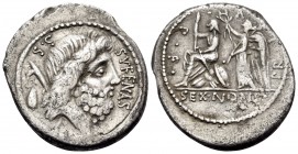 M. Nonius Sufenas, 57 BC. Denarius (Silver, 20 mm, 3.82 g, 2 h), Rome. S•C - SVFENAS Head of Saturn to right; to left, harpa above baetyl. Rev. PR•L•V...