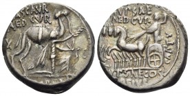 M. Aemilius Scaurus and Pub. Plautius Hypsaeus, 58 BC. Denarius (Silver, 18 mm, 4.02 g, 2 h), Rome. M SCAVR / AED CVR // [E]X S C / [REX] ARET[AS] Mal...