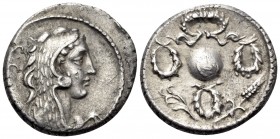 Faustus Cornelius Sulla, 56 BC. Denarius (Silver, 19 mm, 4.12 g, 9 h), Rome. S•C Head of youthful Hercules to right, wearing lion's skin headdress. Re...