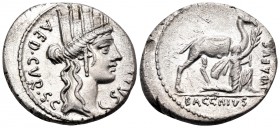 A. Plautius, 55 BC. Denarius (Silver, 18.5 mm, 4.05 g, 5 h), Rome. [A · PLAV]TIVS AED · CVR · S · C Turreted head of Cybele to right. Rev. IVDAEVS / B...