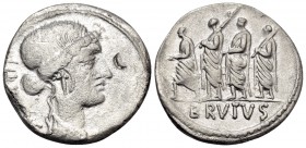 Q. Servilius Caepio Brutus (M. Junius Brutus), 54 BC. Denarius (Silver, 18 mm, 3.30 g, 6 h), Rome. LIBE[RTA]S Bare head of Libertas to right, wearing ...