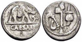 Julius Caesar, 49-48 BC. Denarius (Silver, 17.5 mm, 3.49 g, 8 h), mint moving with Caesar in Northern Italy. CAESAR Elephant to right, trampling horne...