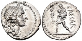 Julius Caesar, late 48-47 BC. Denarius (Silver, 19.5 mm, 3.70 g, 7 h), military mint traveling with Caesar in North Africa. Diademed head of Venus to ...