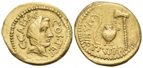 Julius Caesar, 46 BC. Aureus (Gold, 21 mm, 7.87 g, 5 h), with Aulus Hirtius, as praefectus urbi, Rome. C CAESAR COS TER Veiled female head to right (P...