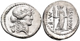 P. Clodius M.f. Turrinus, 42 BC. Denarius (Silver, 20.5 mm, 3.87 g, 9 h), Rome. Laureate head of Apollo to right with two coils of hair falling down n...