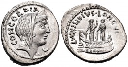 L. Mussidius Longus, 42 BC. Denarius (Silver, 20 mm, 3.93 g, 2 h), Rome. CONCORDIA Diademed and veiled head of Concordia to right; below chin, crescen...