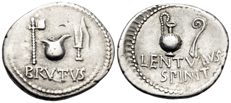 Brutus, early 42 BC. Denarius (Silver, 20.5 mm, 3.84 g, 6 h), military mint trav...