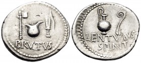 Brutus, early 42 BC. Denarius (Silver, 20.5 mm, 3.84 g, 6 h), military mint travelling with Brutus, probably at Smyrna; struck under the legate P. Cor...