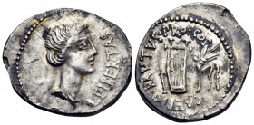 Brutus, spring - early summer 42 BC. Denarius (Silver, 20.5 mm, 3.77 g, 2 h), military mint traveling with Brutus in Lycia. LEIBERTAS Head of Libertas...