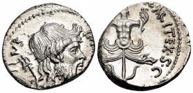 Sextus Pompey, 42-40 BC. Denarius (Silver, 17 mm, 3.64 g, 8 h), military mint in Sicily. [(MAG) · P]IVS · IM[P · ITER] Diademed and bearded head of Ne...