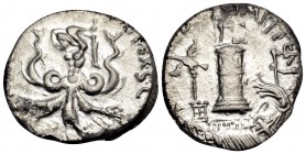 Sextus Pompey. Denarius (Silver, 17 mm, 3.61 g, 3 h), military mint in Sicily, 38-36 BC. [MAG • PIVS •] IMP ITER The Pharos of Messana surmounted by a...